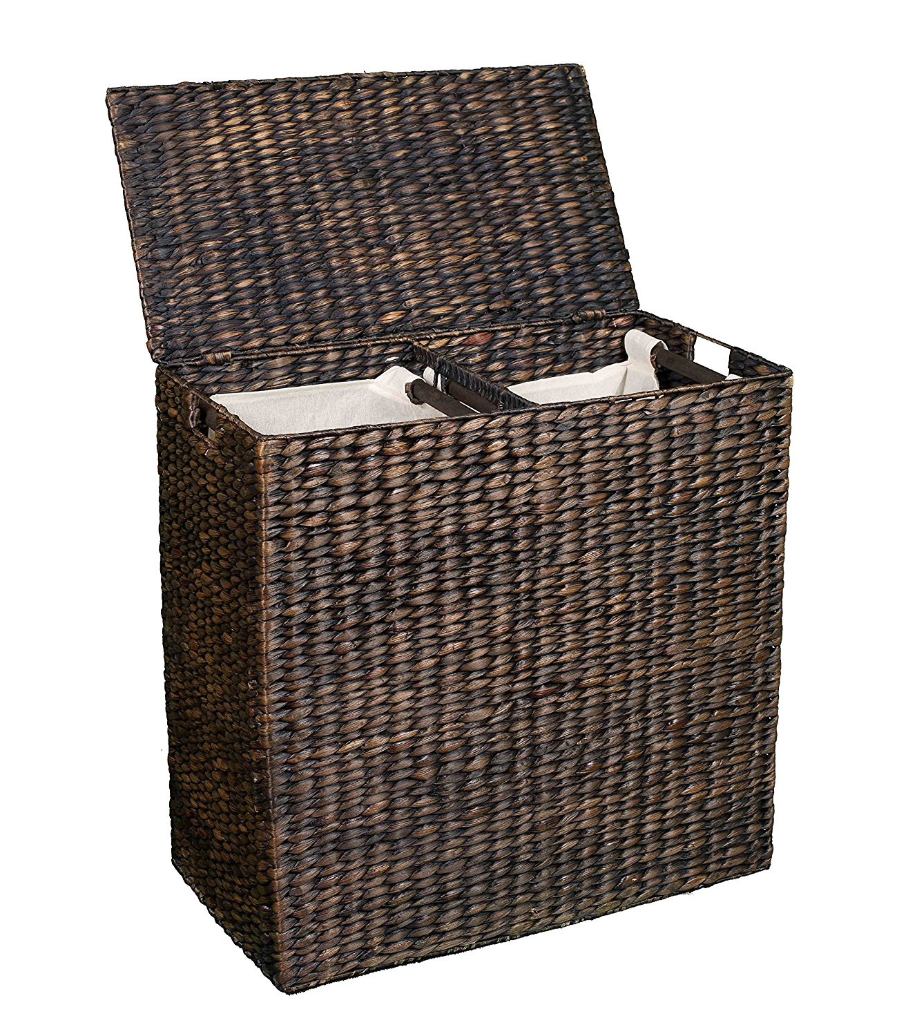 BirdRock Home Water Hyacinth Laundry Hamper Divided Interior (Espresso) | Eco-Friendly | Made of Hand Woven Hyacinth Fibers | Includes Two Removable Cotton Liners Bag | Wicker Laundry Basket with Lid