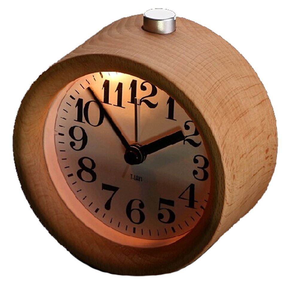 Glomarts Round Wooden Silent Desk Alarm Clock with Nightlight
