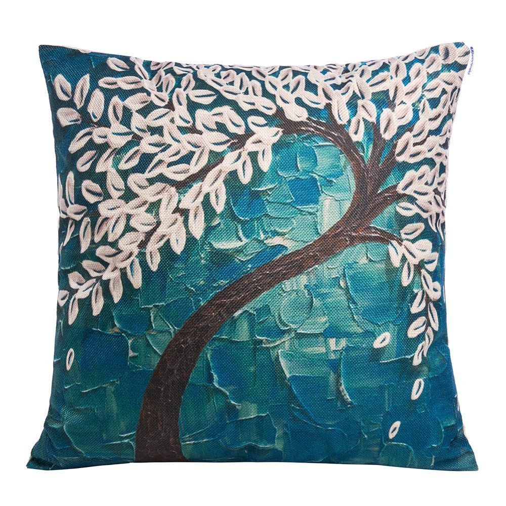 Happytimelol 18 x 18 Square Teal Oil Painting White Flower Black Tree Print Pattern Throw Pillow Cover Decorative Pillow Case