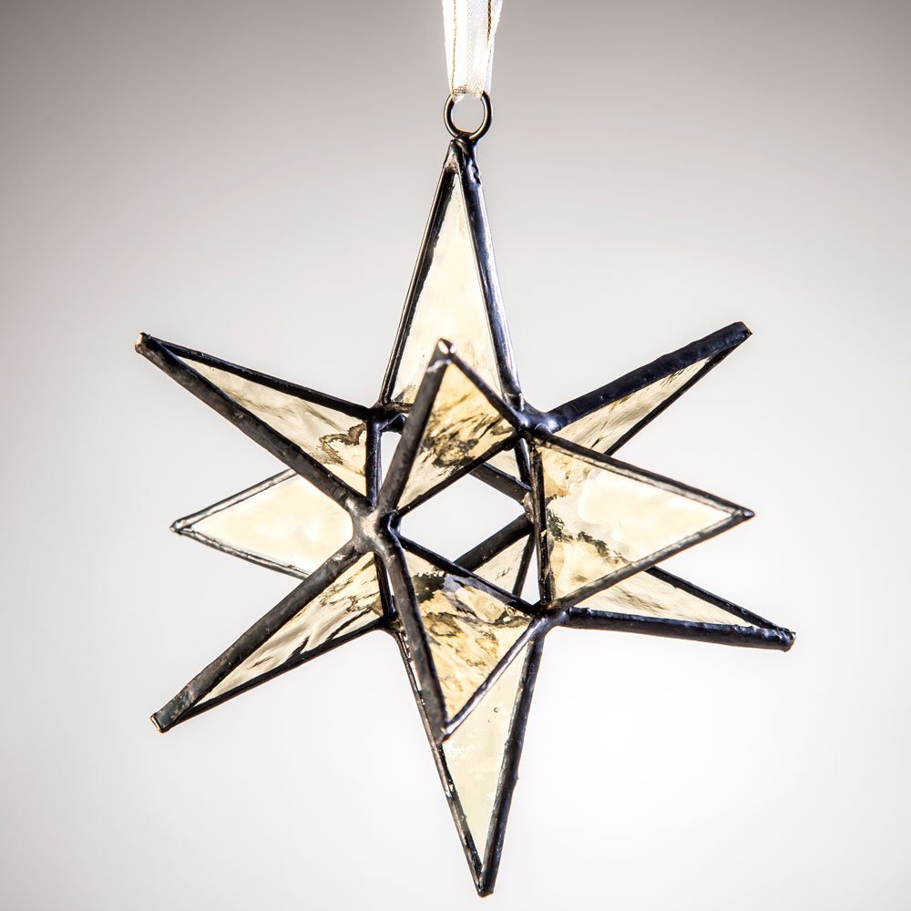 J Devlin Orn 250 Stained Glass Moravian Star Ornament Antique Pale Amber Yellow 4 1/2 x 4 1/2