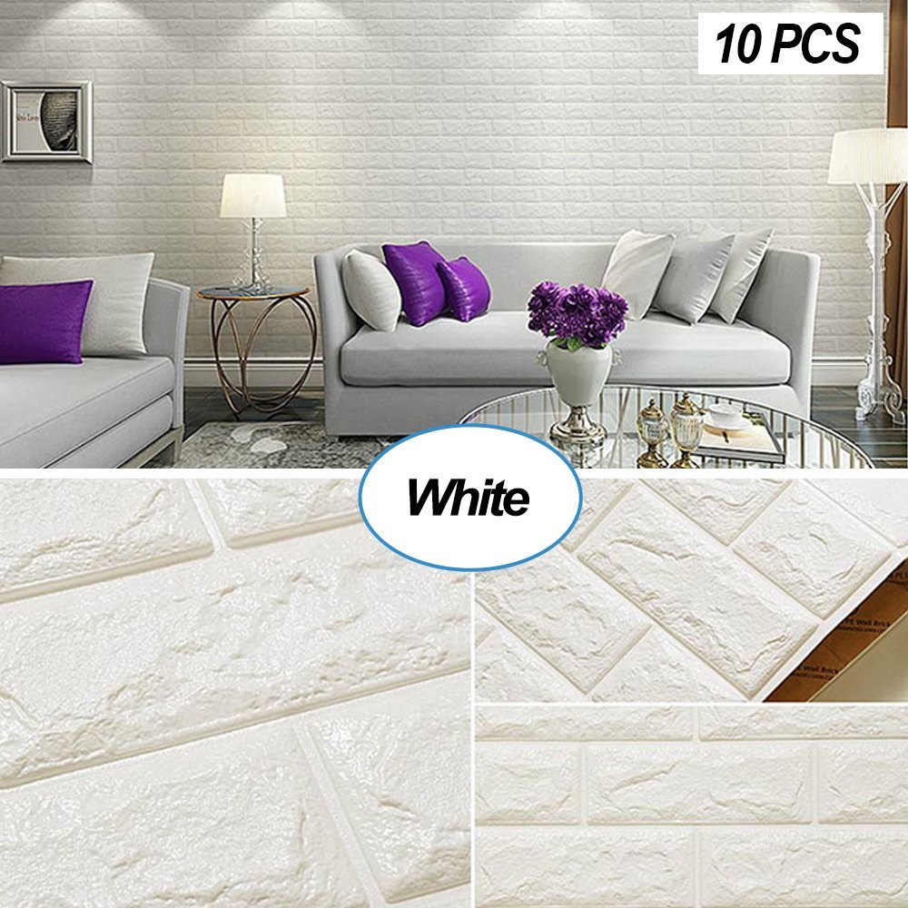 Masione White Brick Wallpaper Tiles Self-adhesive 3D Foam Wall Panels for Home Decor TV Walls kitchen bedroom living room Background Wall Decor (White-10 pieces 58.13 sq.ft)