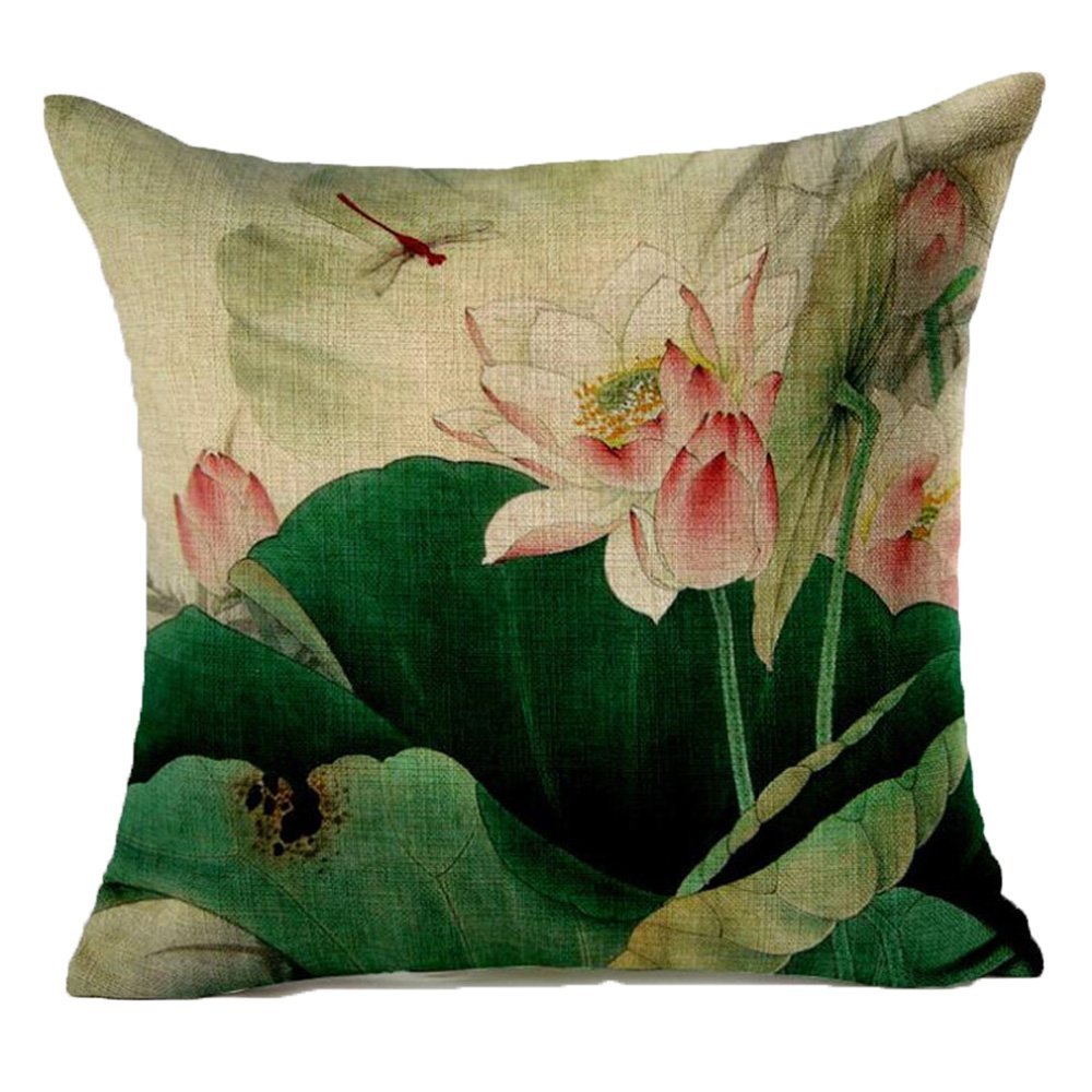 Monkeysell Lotus Leaf Butterfly Flowers Pattern Cotton Linen Throw Pillow Case Cushion Cover Home Sofa Decorative 18 X 18 Inch (S042B6)