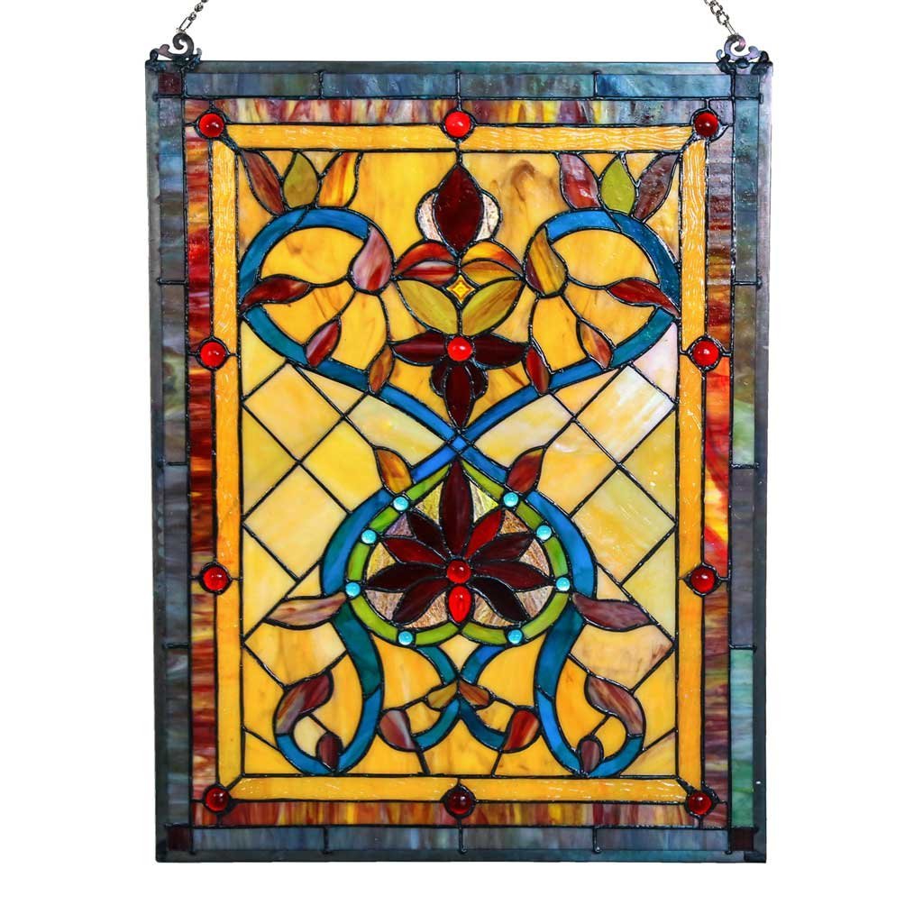 River of Goods 15046 Tiffany Style Stained Glass Firey Hearts and Flowers Window Panel 24" H