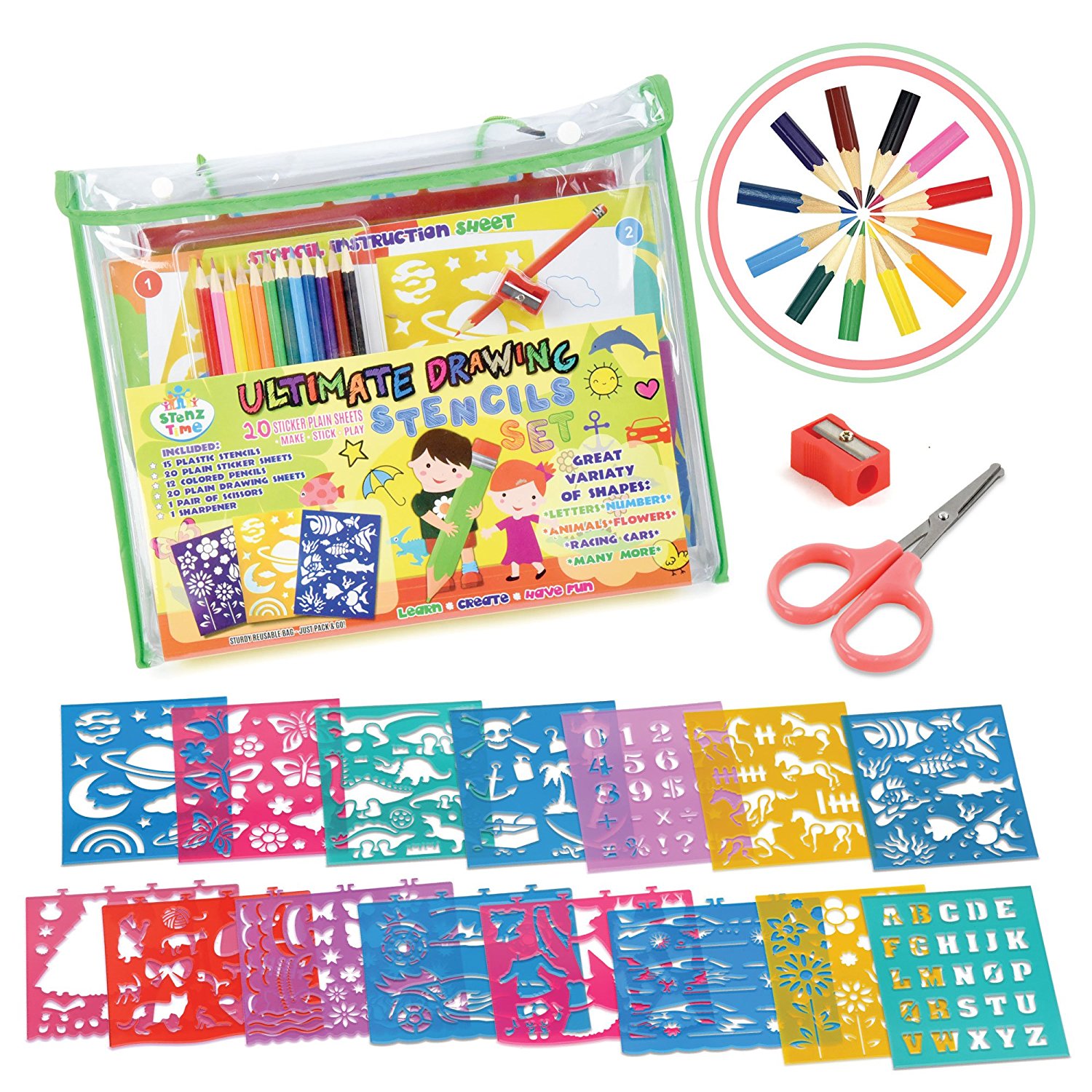 STENZTIME Ultimate Stencil Set | Large 70 Piece Stencil Drawing Kit and Over 260 Shapes | Ideal Educational Toy and Creativity Kit |The Perfect Kids Gift for any occasion!