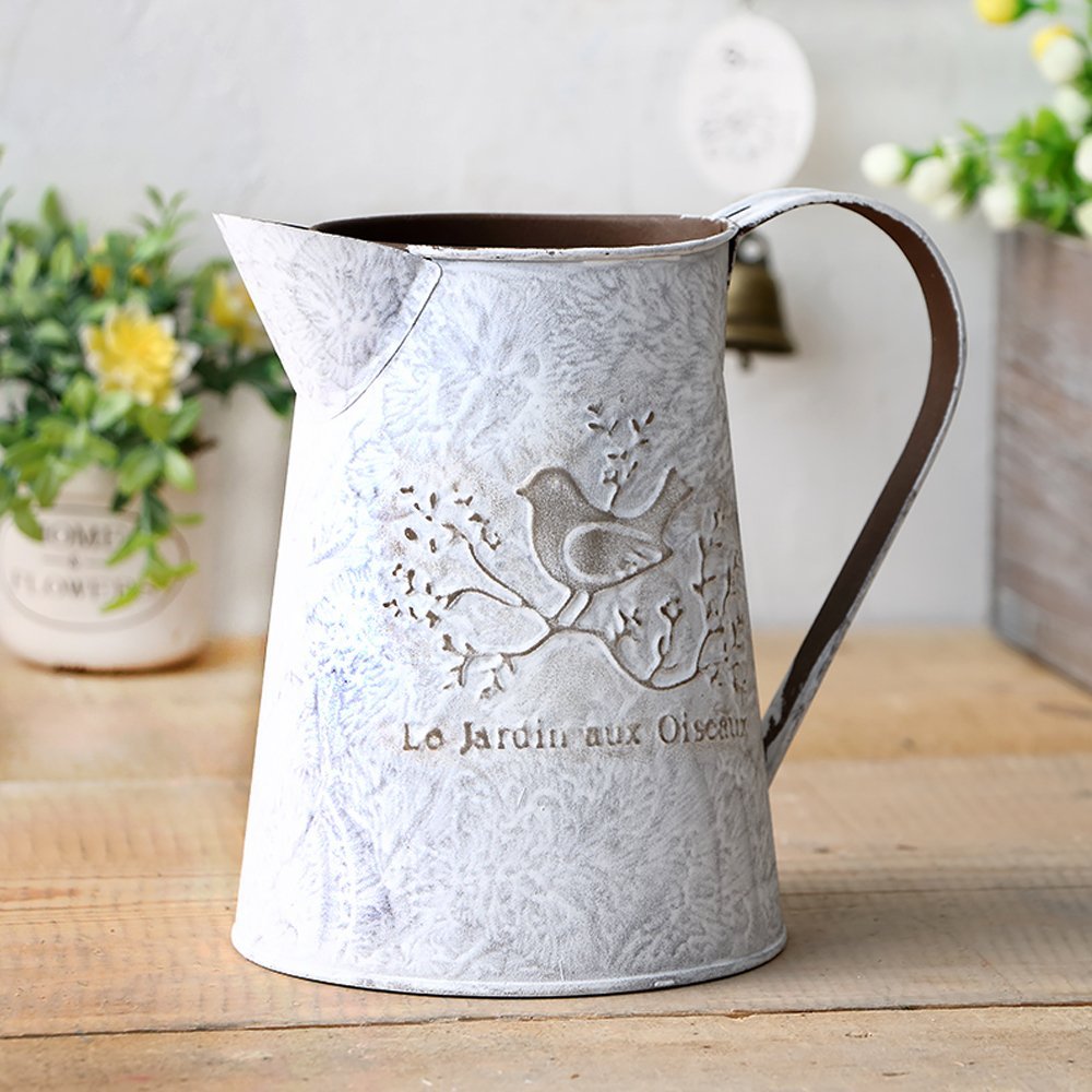 VANCORE French Style Shabby Chic Mini Metal Pitcher Flower Vase with Vintage Bird Decorative