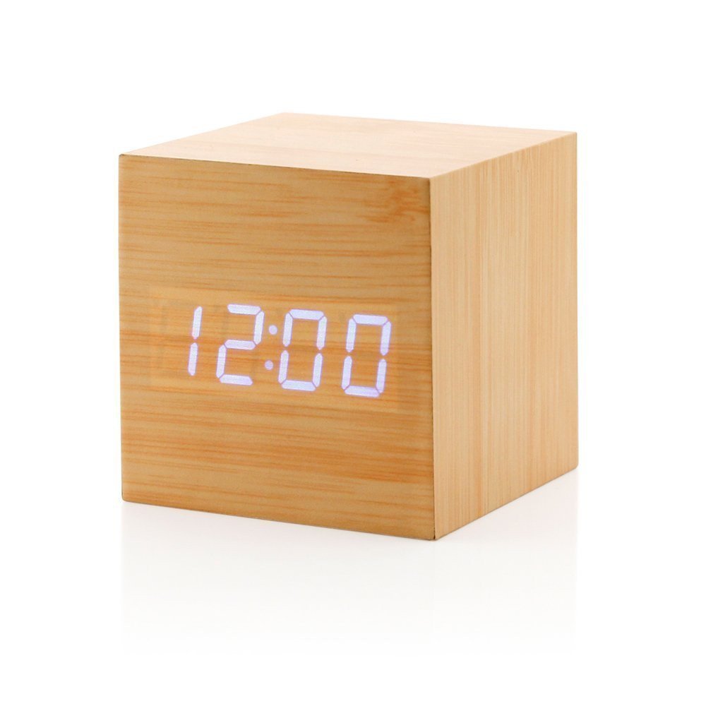 Wooden Digital Alarm Clock, Touch Sound Activated Desk Clock Thermometer/ Timer/ Calendar (USB/AAA )