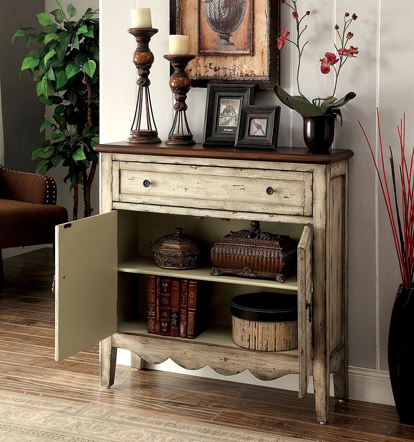 Furniture of America Gladen Vintage Style Storage Cabinet, Antique White/Brown