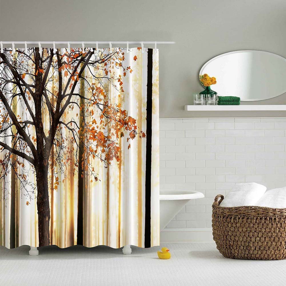 Infinal Shower Curtain Fall Trees Print Mom Gift Ideas Polyester Fabric Hooks Included, Orange Ivory Brown Beige