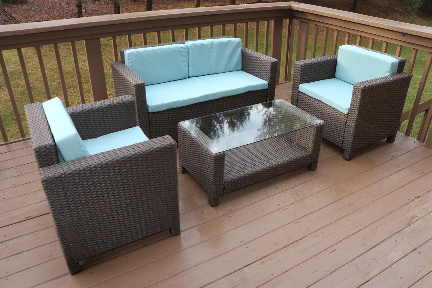 Oliver Smith - Large 4 Pc Modern Brown Rattan Wiker Sofa Set Outdoor Patio Furniture - Aluminum Frame with Ottoman - 1127 Light Blue