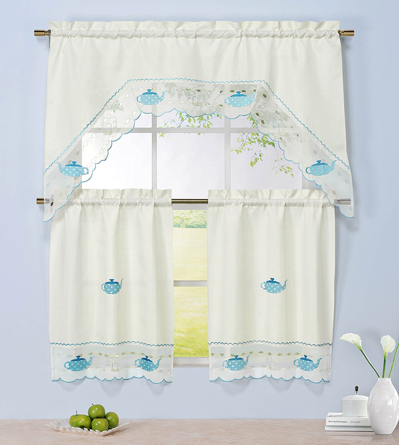Window Elements Embroidered 3-Piece Kitchen Tier and Valance 60 x 72 Set with Scalloped Border, Tea Party