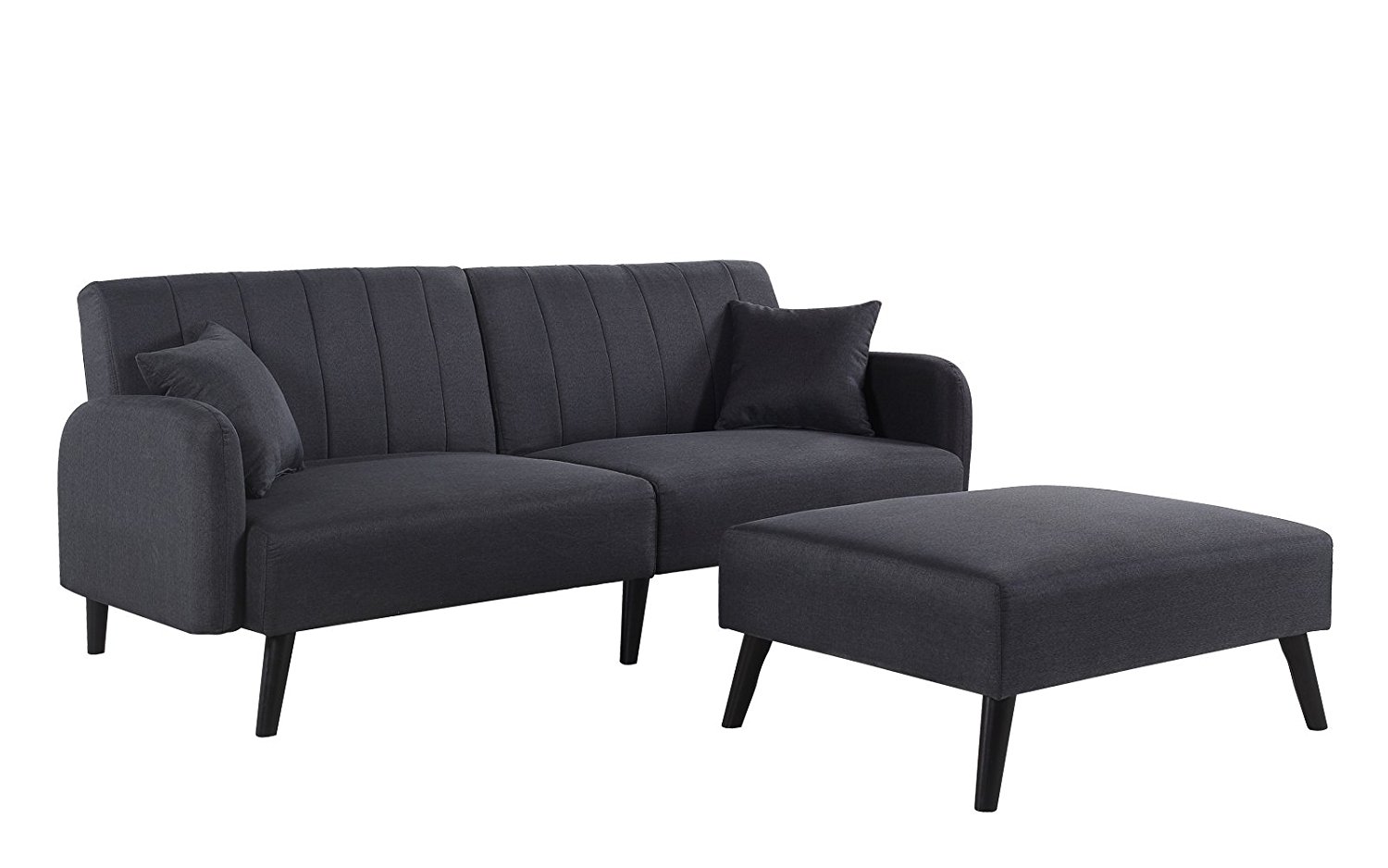 Mid-Century Modern Linen Fabric Futon Sofa Bed, Living Room Sleeper Couch (Dark Grey)