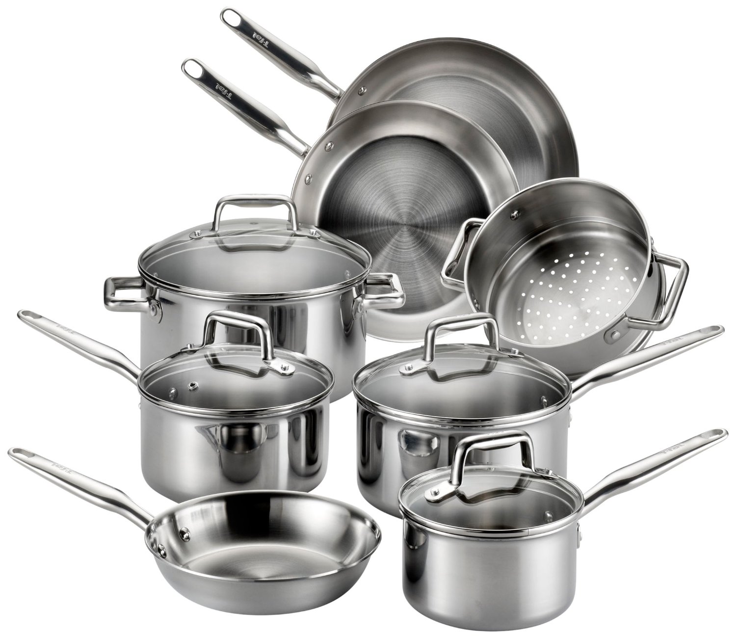 T-fal E469SC Tri-ply Stainless Steel Multi-clad Dishwasher Safe Oven Safe Cookware Set, 12-Piece, Silver