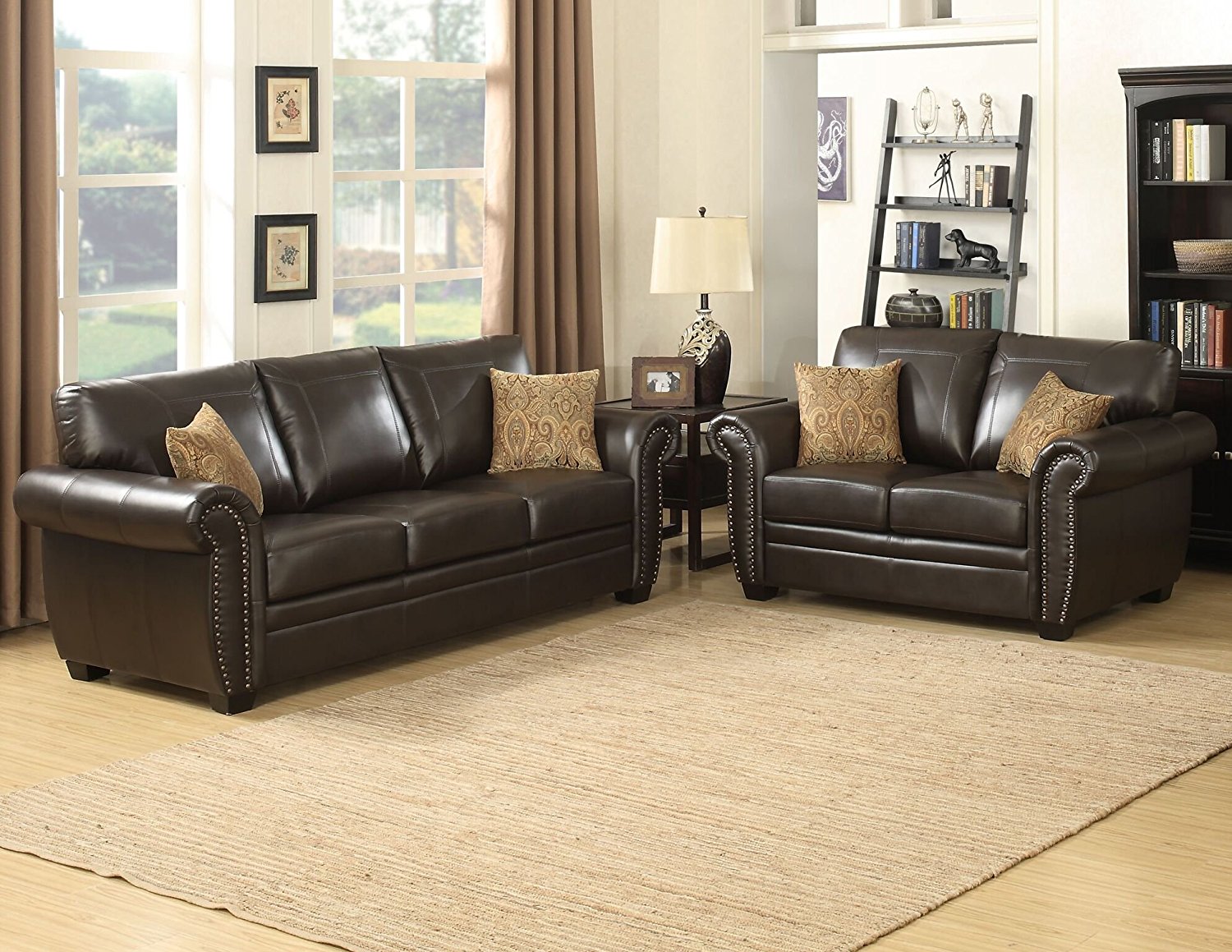 AC Pacific Louis Collection Traditional 2-Piece Upholstered Leather Living Room Set with Sofa, Loveseat and 4 Accent Pillows, Brown