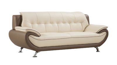 American Eagle Furniture Georgiana Collection Ultra Modern Living Room Leather Upholstered Sofa With Pillow Top Armrests and Tufting and Splayed Legs, Cream/Taupe