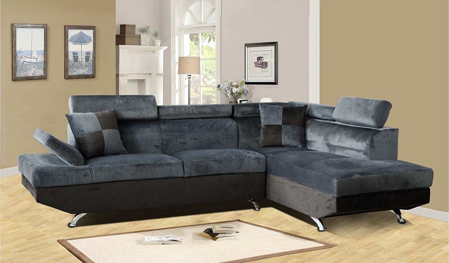 Beverly Furniture F2806B-2PC-GY 2 Piece Microfiber & Faux Leather Left Facing Sectional Sofa Set, Gray