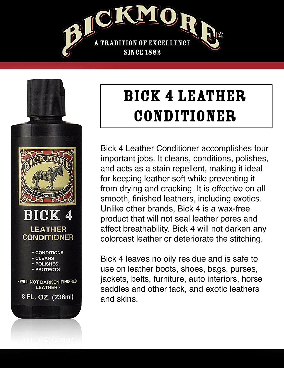 Bickmore Bick 4 Leather Conditioner - Best Since 1882 - Cleaner & Conditioner - Restore Polish & Protect All Smooth Finished Leathers
