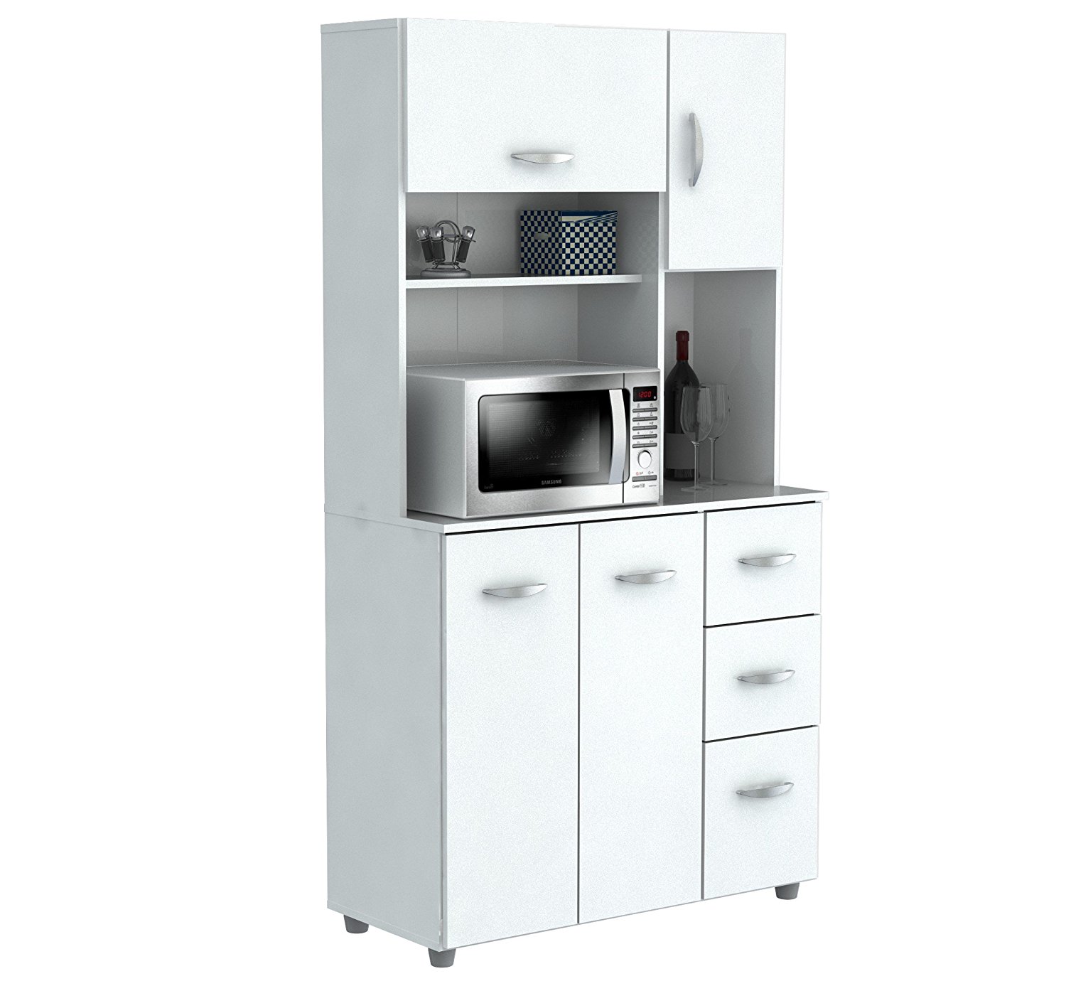 Inval America 4 Door Storage Cabinet with Microwave Cart, Laricina White