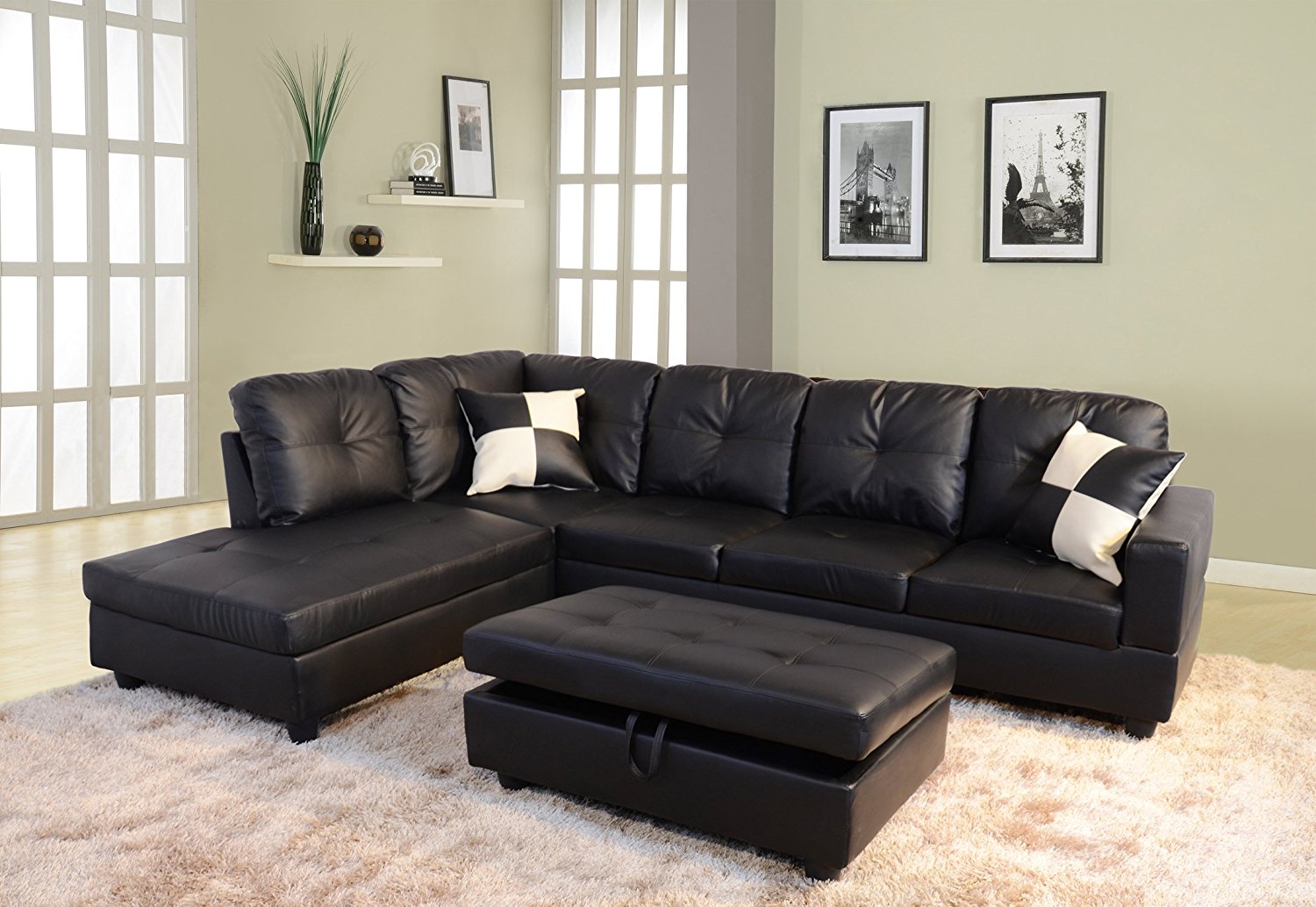 LifeStyle 3 Piece, Faux Leather Right-facing Sectional Sofa Set with Storage Ottoman,2 Square Pillows, Black