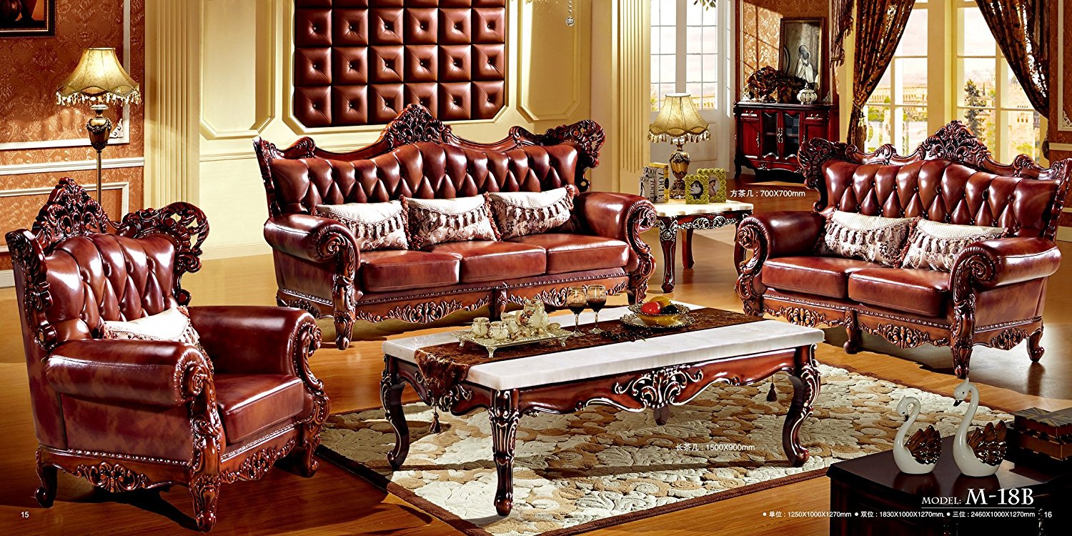 Ma Xiaoying Antique Furniture, European Classical Living Room Sets,Leather and Luxury Collection 3pcs:(Sofa ,Chair and Loveseat and all pillows) ,Reddish Brown by Ma Xiaoying