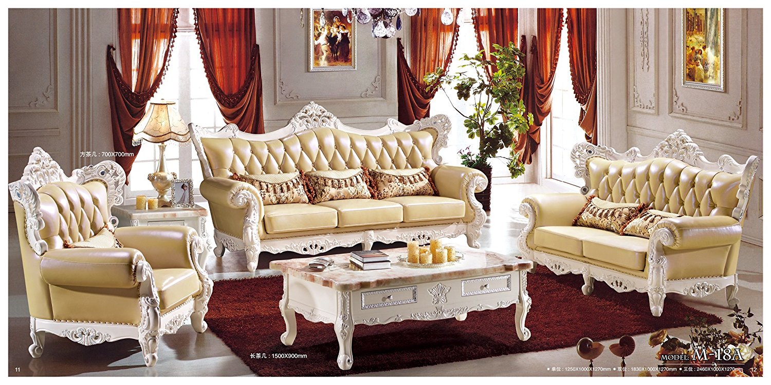 Ma Xiaoying Antique Furniture, European Living Room Sets,Leather and Luxury Classical Collection 4pc:(Sofa ,Chair and Loveseat.)Light yellow by Ma Xiaoying