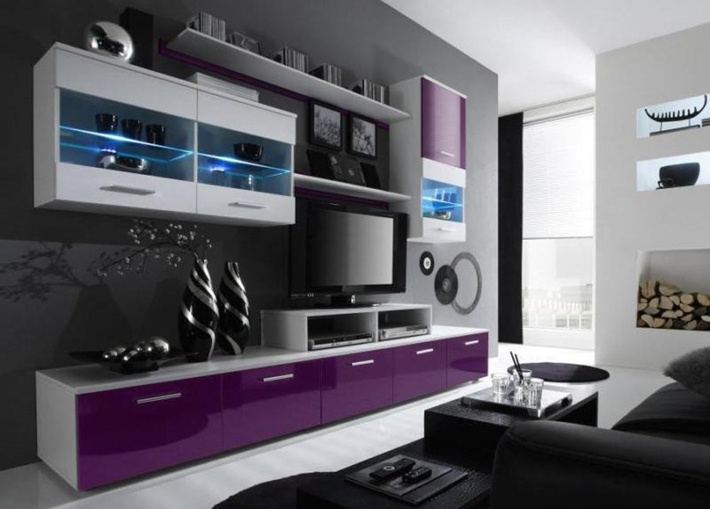 Paris Contemporary Design Wall Unit / Modern Entertainment Center / Unique Modern Design / with LED Lights / High Storage Capacity / Living Room Furniture / Tv Stand (Violet)