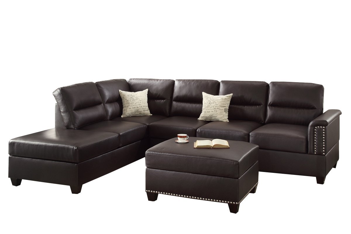 Poundex F7609 Bobkona Toffy Bonded Leather Left or Right Hand Chaise Sectional with Ottoman Set, Espresso