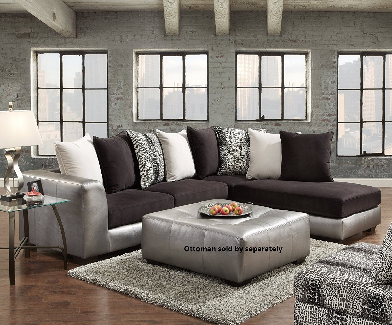 Roundhill Furniture Shimmer Pewter Microfiber Sectional Sofa, Black