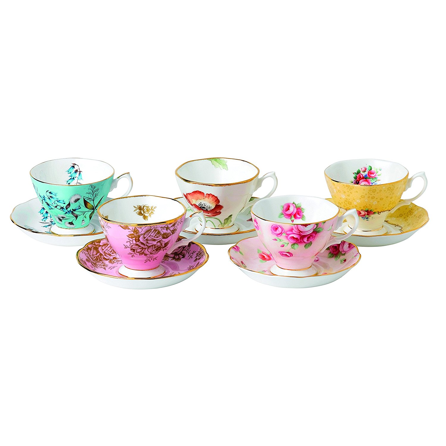 Royal Albert 5 Piece 100 Years 1950-1990 Teacup & Saucer Set, Multicolor