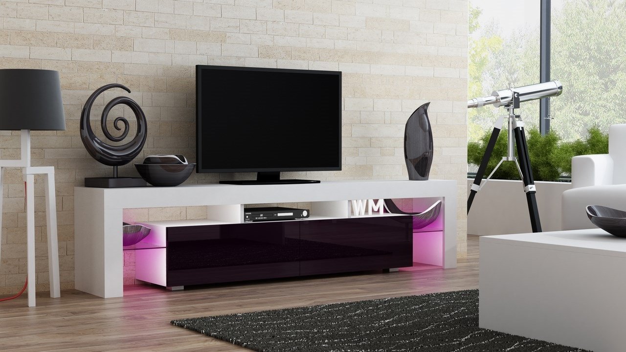 TV Stand MILANO 200 / Modern LED TV Cabinet / Living Room Furniture / Tv Cabinet fit for up to 90-inch TV screens / High Capacity Tv Console for Modern Living Room (White & Violet)