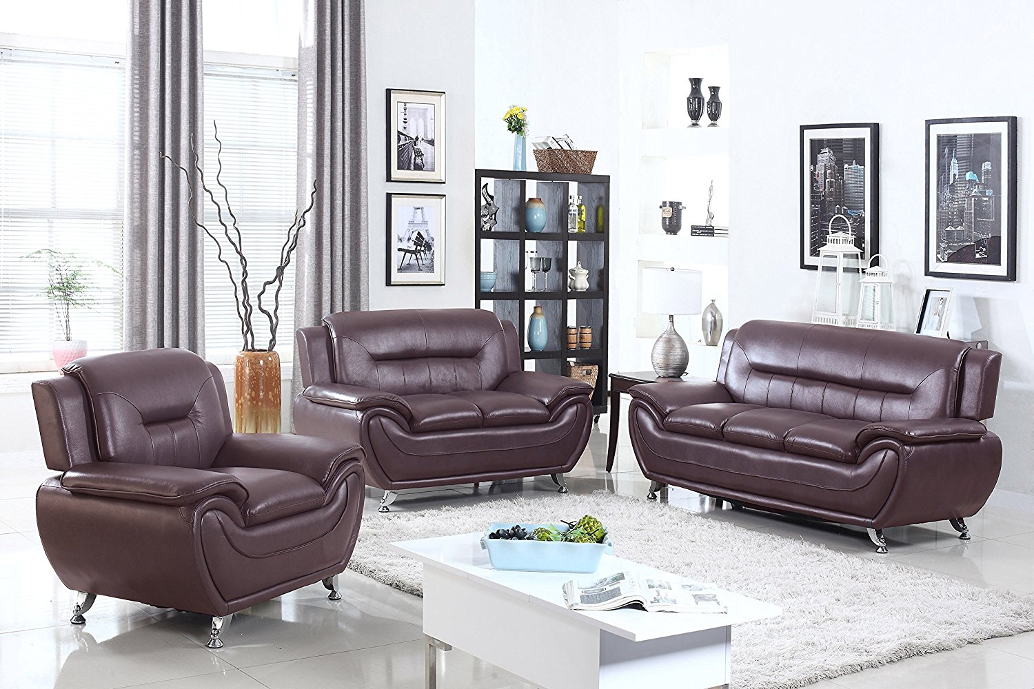 U.S. Livings Anya Modern Living Room Polyurethane Leather Sofa, Loveseat, and Chair Set (3-Piece, Dark Cherry)
