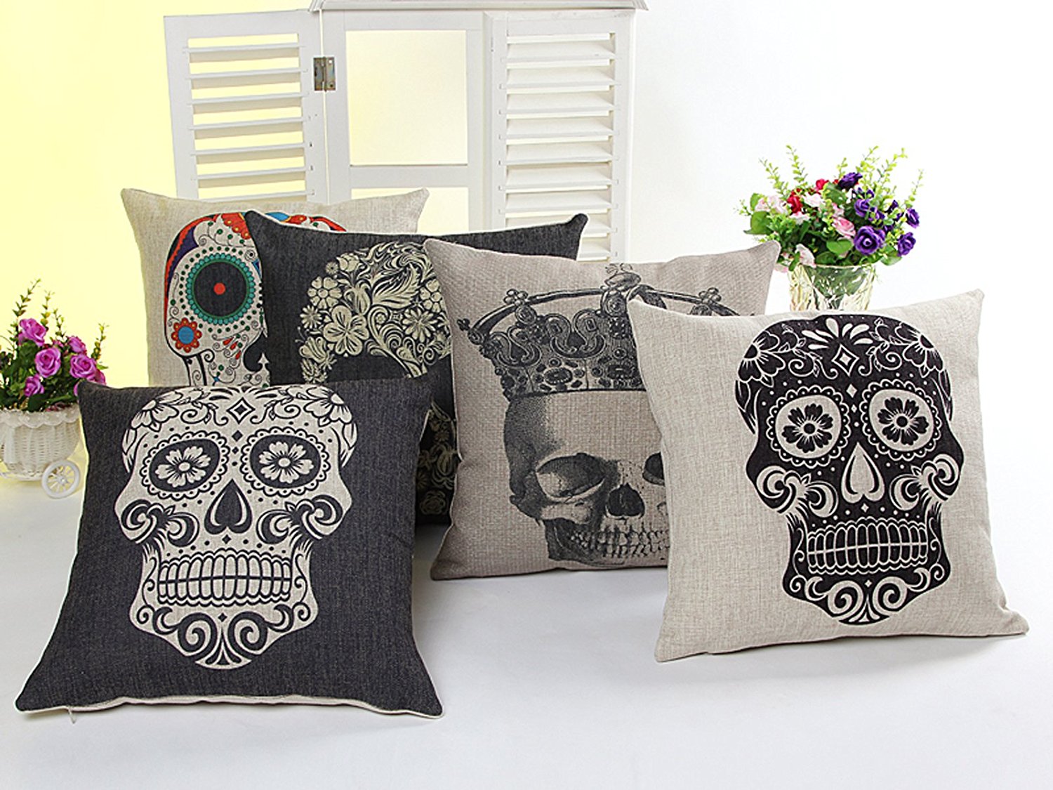 5 PCS 18'' Vintage Black&Colourful Sugar Skull Linen Pillow Cushion Covers 5KD1