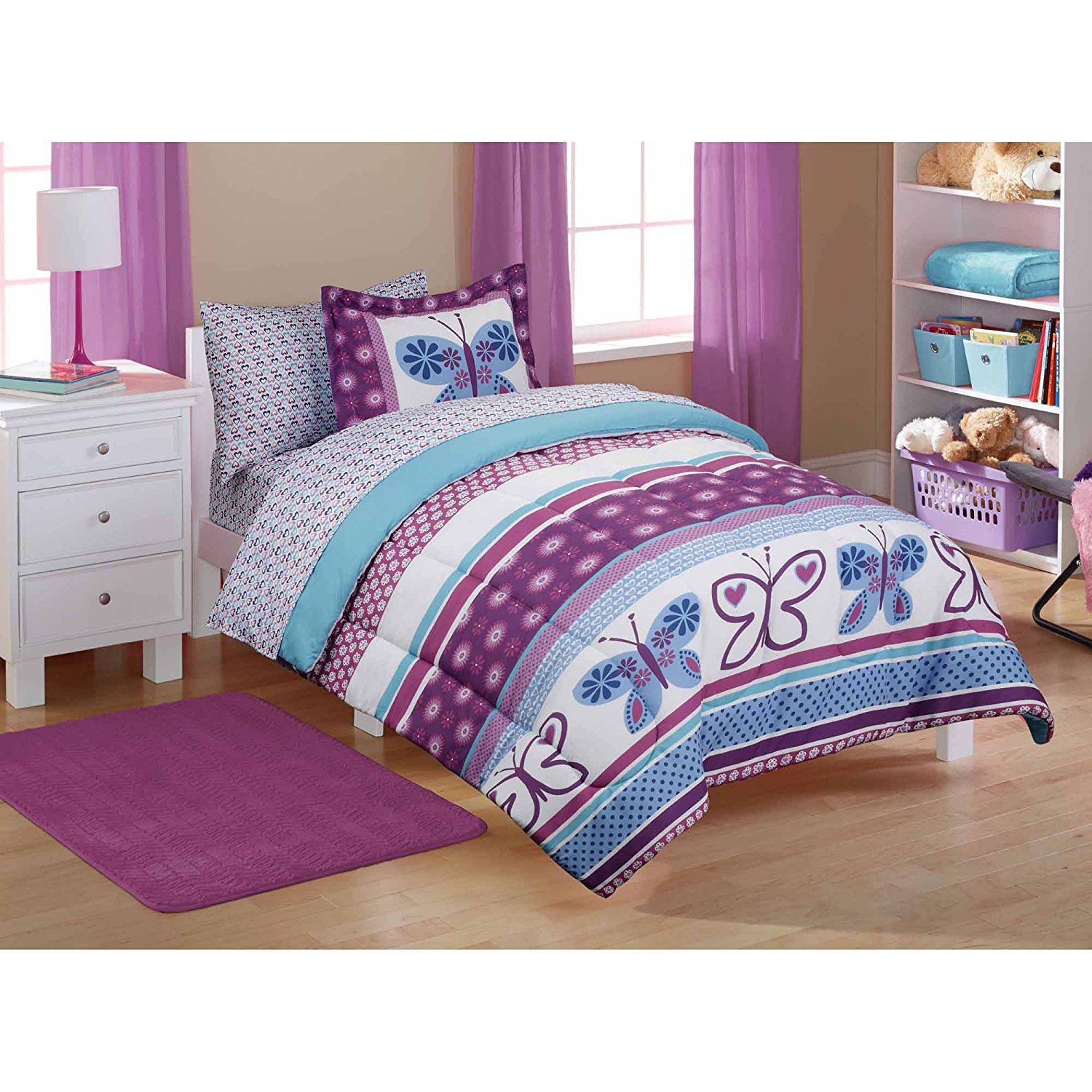5pc Girl Purple Blue Butterfly Polka Dot Twin Comforter Set (5pc Bed in a bag)