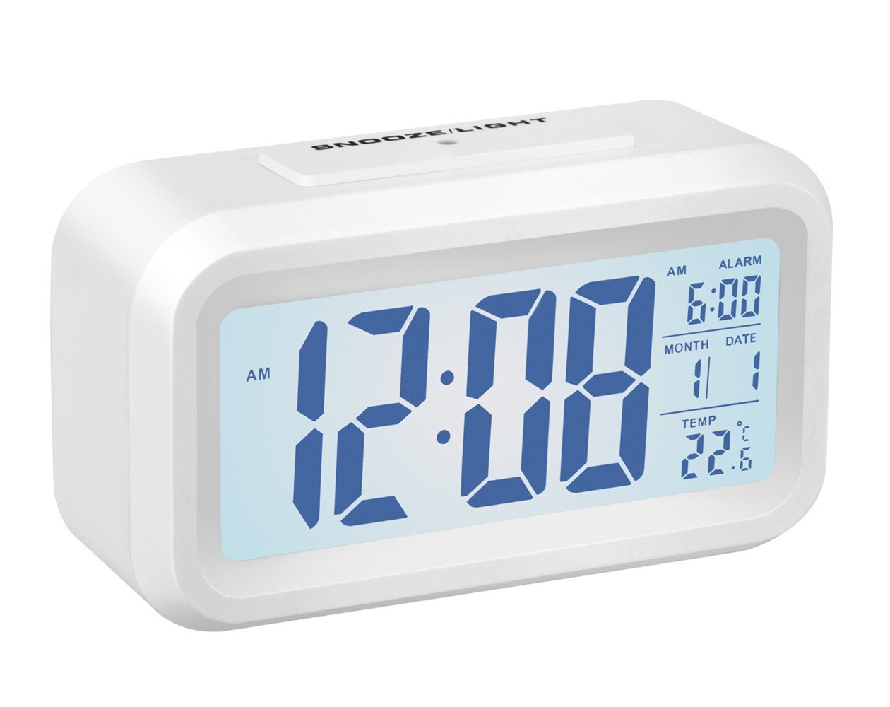 Alarm Clock,Gabone Battery Operated with Large Lcd Display Temperature Display Nightlight and Snooze Smart Backlight Digital Alarm Clock (White)