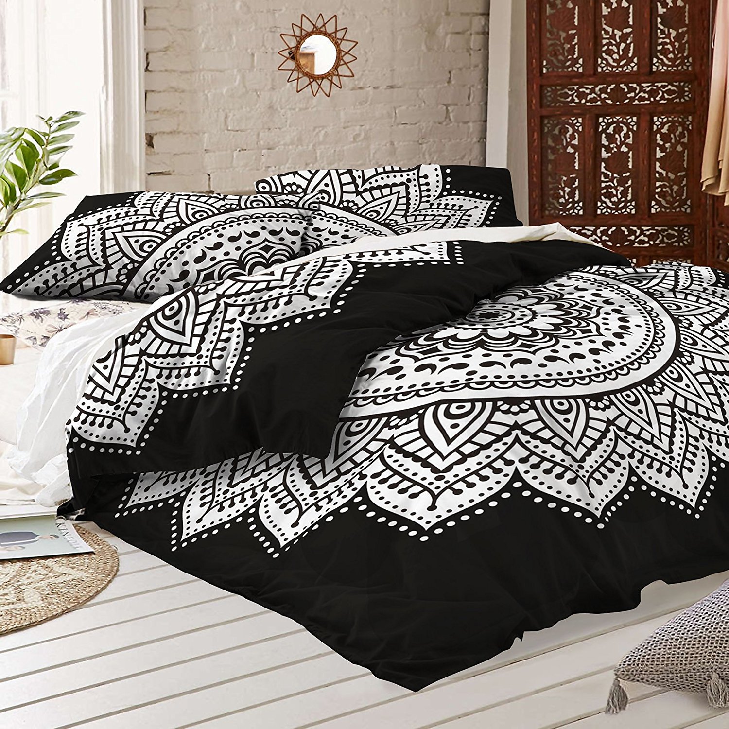 Black and white Mandala Duvet Cover With Two Pillow Covers - Bohemian Doona set- Indian Reversible Quilt Cover By RawyalCrafts