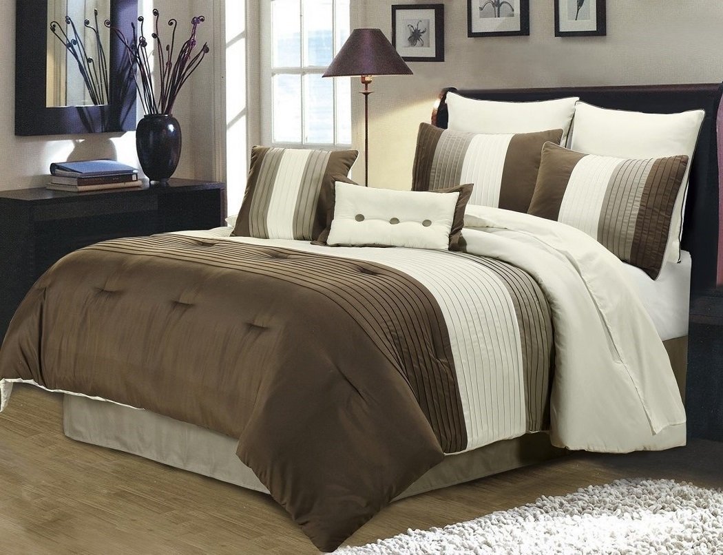 Chezmoi Collection 8 Pieces Luxury Striped Comforter Set (California King, Brown/Off-white/Taupe)