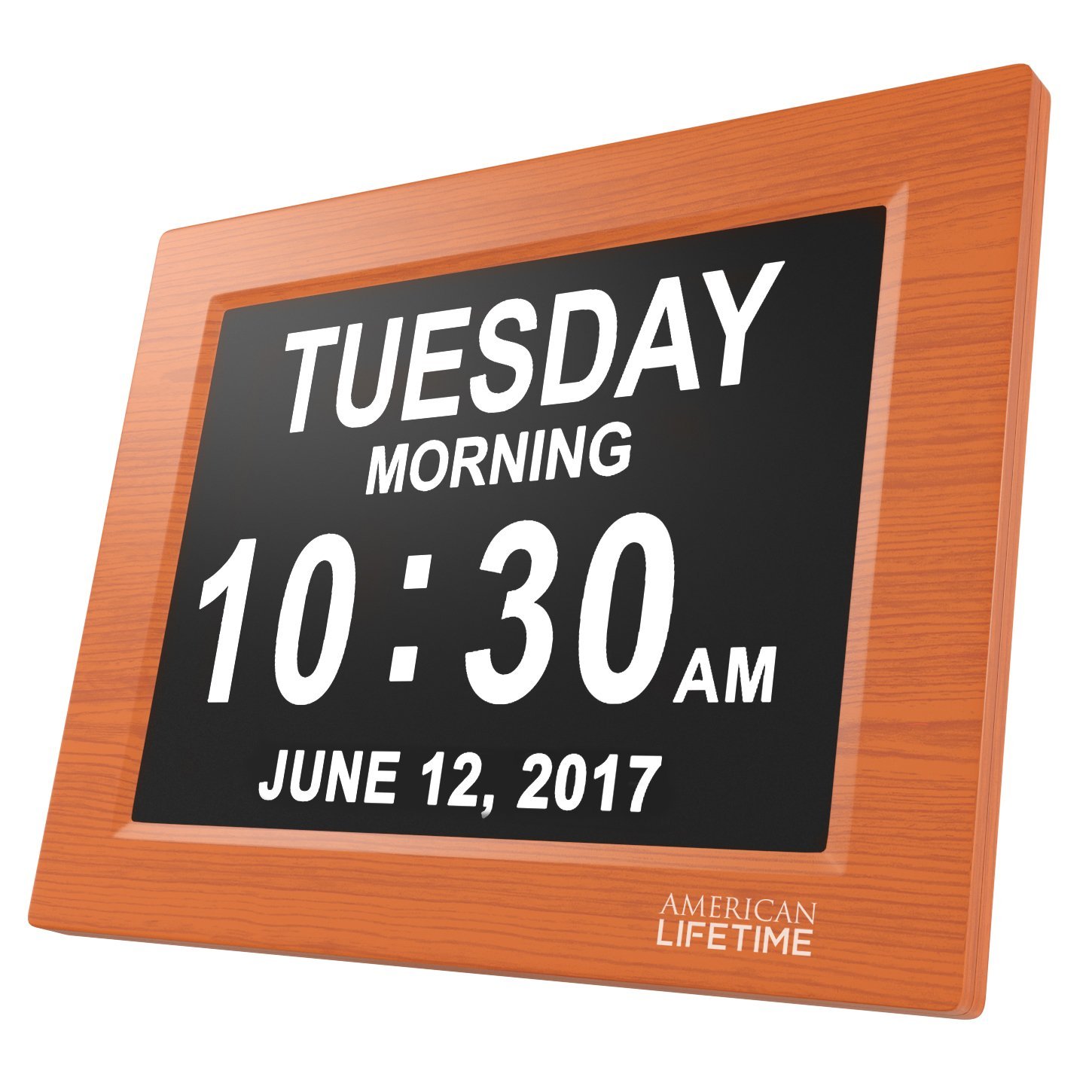 [Newest Version] Day Clock - Extra Large Impaired Vision Digital Clock with Battery Backup & 5 Alarm Options (Brown Wood Color)