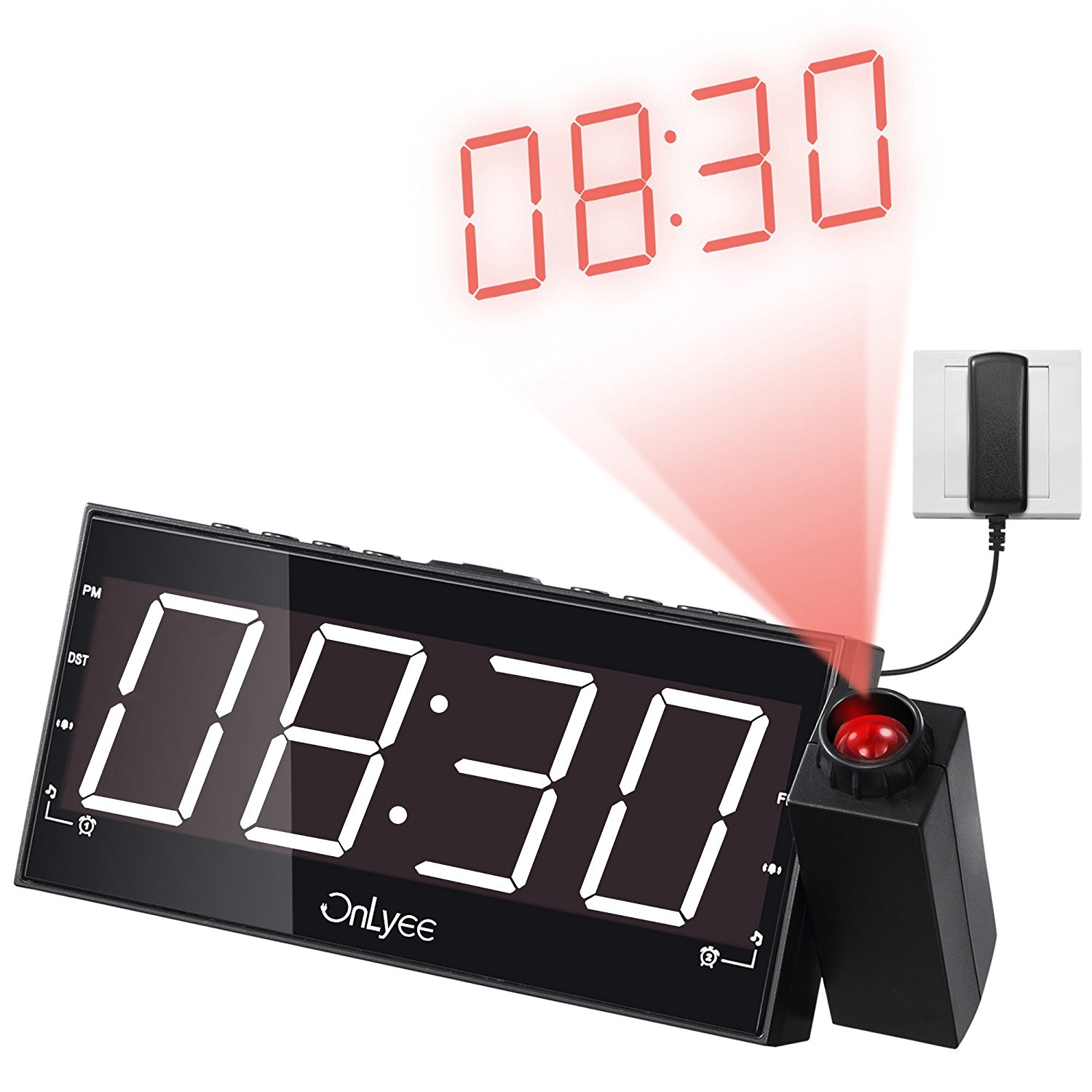OnLyee Digital LED Dimmable Projection Alarm Clock Radio with AM/FM,USB Charging Port (WHITE)