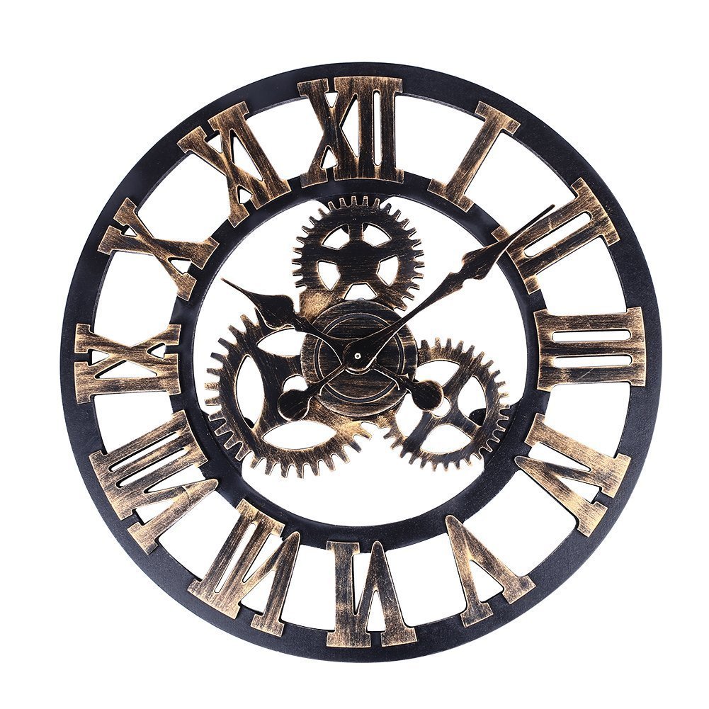Soledi Vintage Clock European Retro Vintage Handmade 3D Decorative Gear Wooden Vintage Wall Clock (Copper Color)