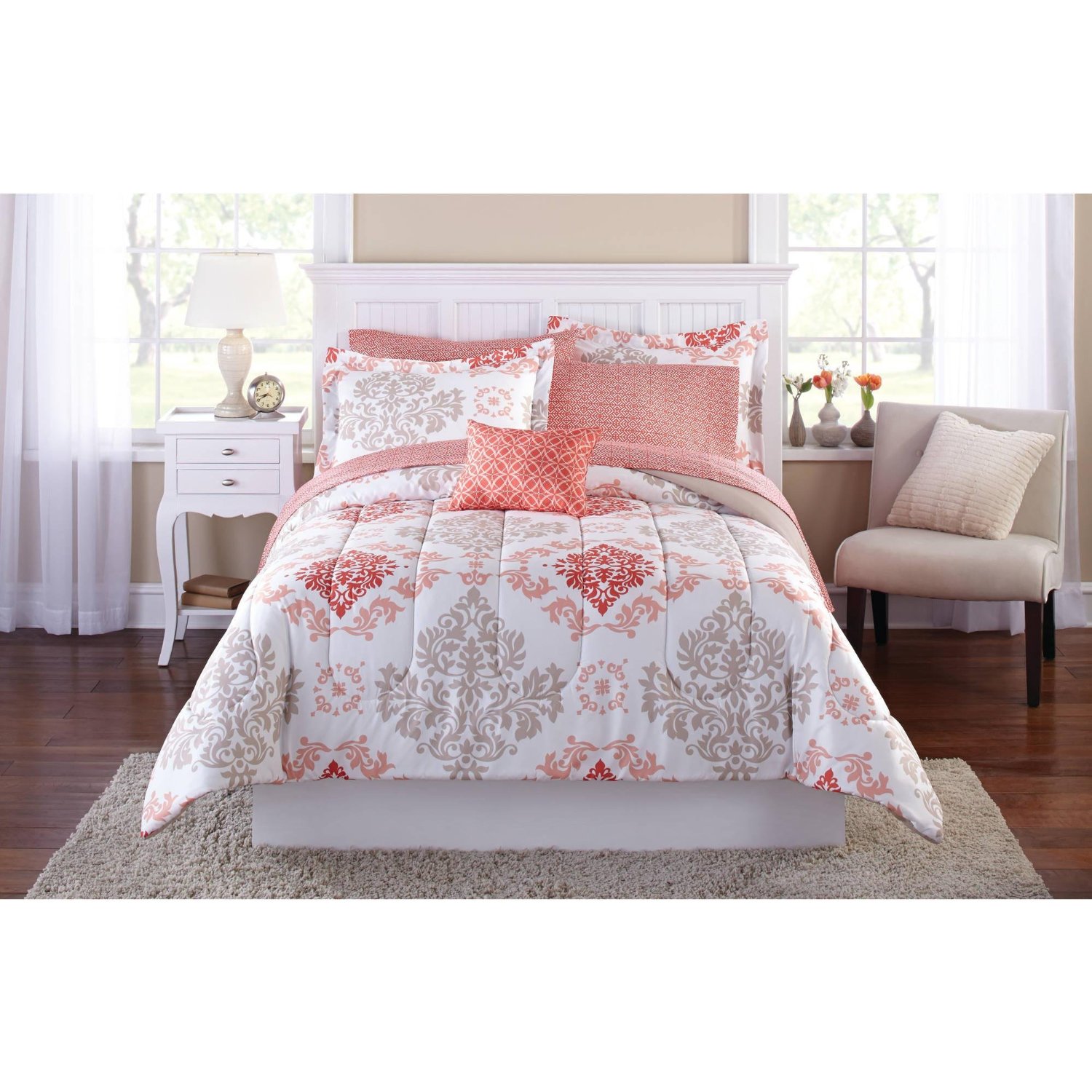 Teen Girls Pink Coral Damask 6 Piece Comforter Set, TWIN / TWIN XL Size Bed in A Bag