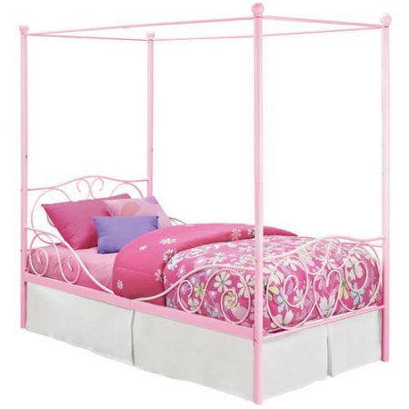 Canopy Twin Metal Bed Girls Frame Princess Bedroom Furniture White Carriage Size Pink Kids Girl Heart scroll design, Multiple Colors with Heart scroll design and Dimensions: 77.5"L x 41.5"W x 71.5"H