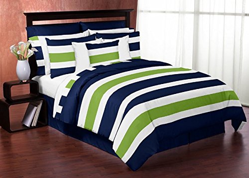 Navy Blue Lime Green and White Stripe 4 Piece Teen Boys Twin Bedding Set Collection