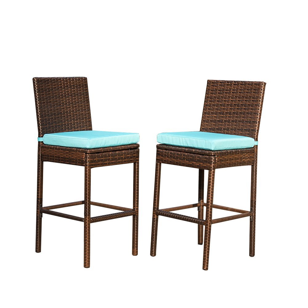 Sundale Outdoor 2 Pcs All Weather Patio Furniture Brown Wicker Barstool with Cushions, Blue
