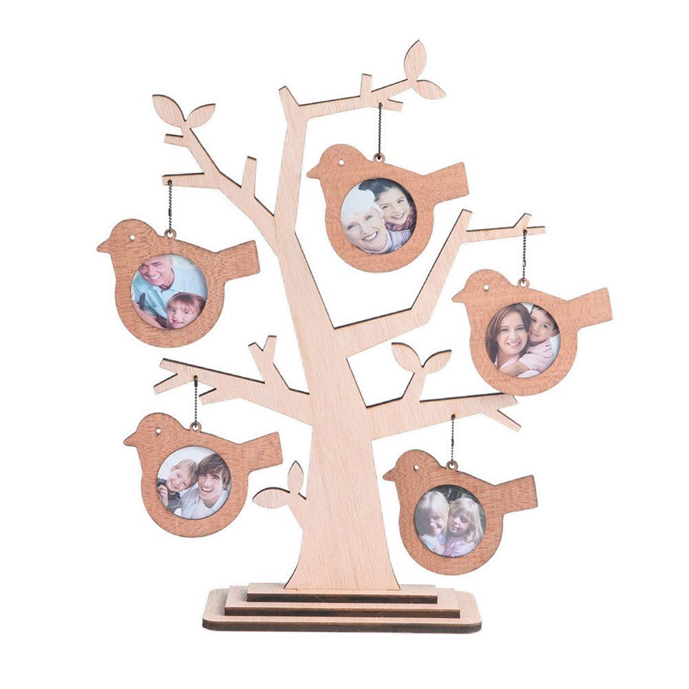 Giftgarden Family Tree Picture Frame Wood Decor Bird Hanging Photo 2x2 inch for Home Gifts