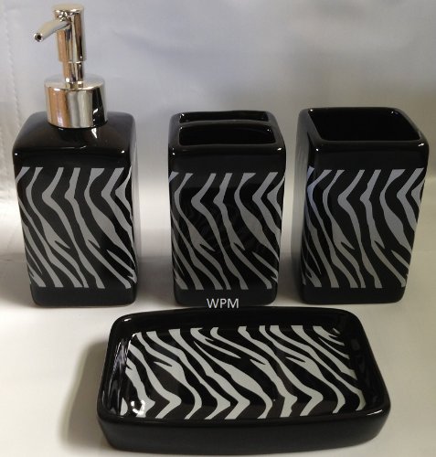 4 Piecen Ceramic Bath Accessory Set: Soap Dispenser, Tumbler, Toothbrush Holder, Soap Dish- Black White Zebra Animal Print
