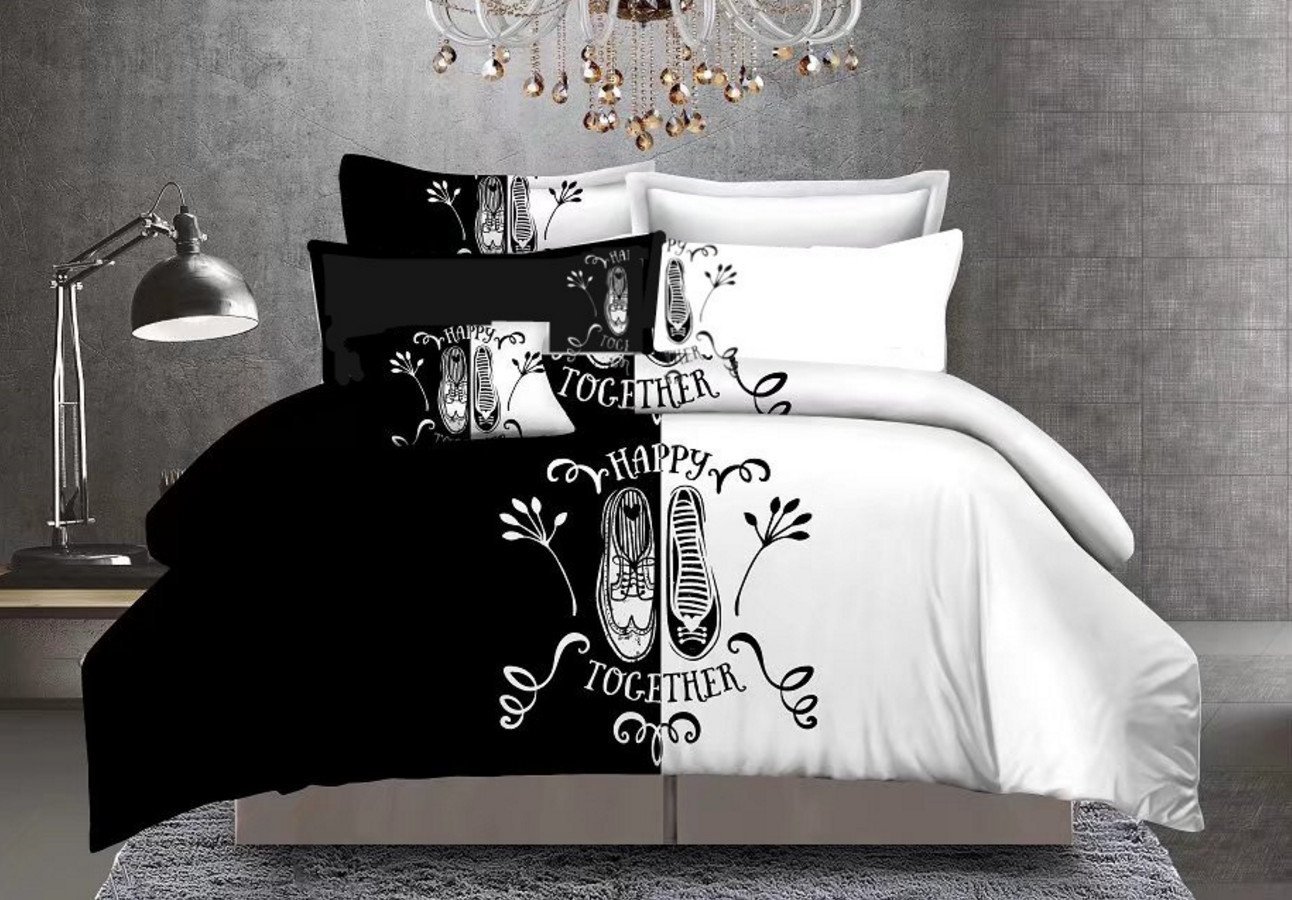 CocoQueen Black and White Happy Lovers 3pcs Duvet Cover Set Couples Bedding Set Queen Size