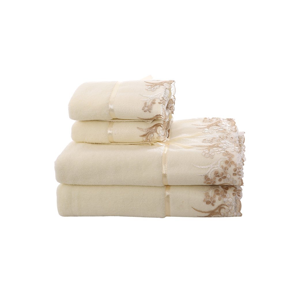Cotton Bath Towels Decorative Towels - GreForest Beige Lace Towels Embroidered Bath Towel Set (2 Pack Hand Towels + 2 Pack Bath Towels) Best For Guest Bathroom with Gorgeous Lace Trim, Soft Fine Terry