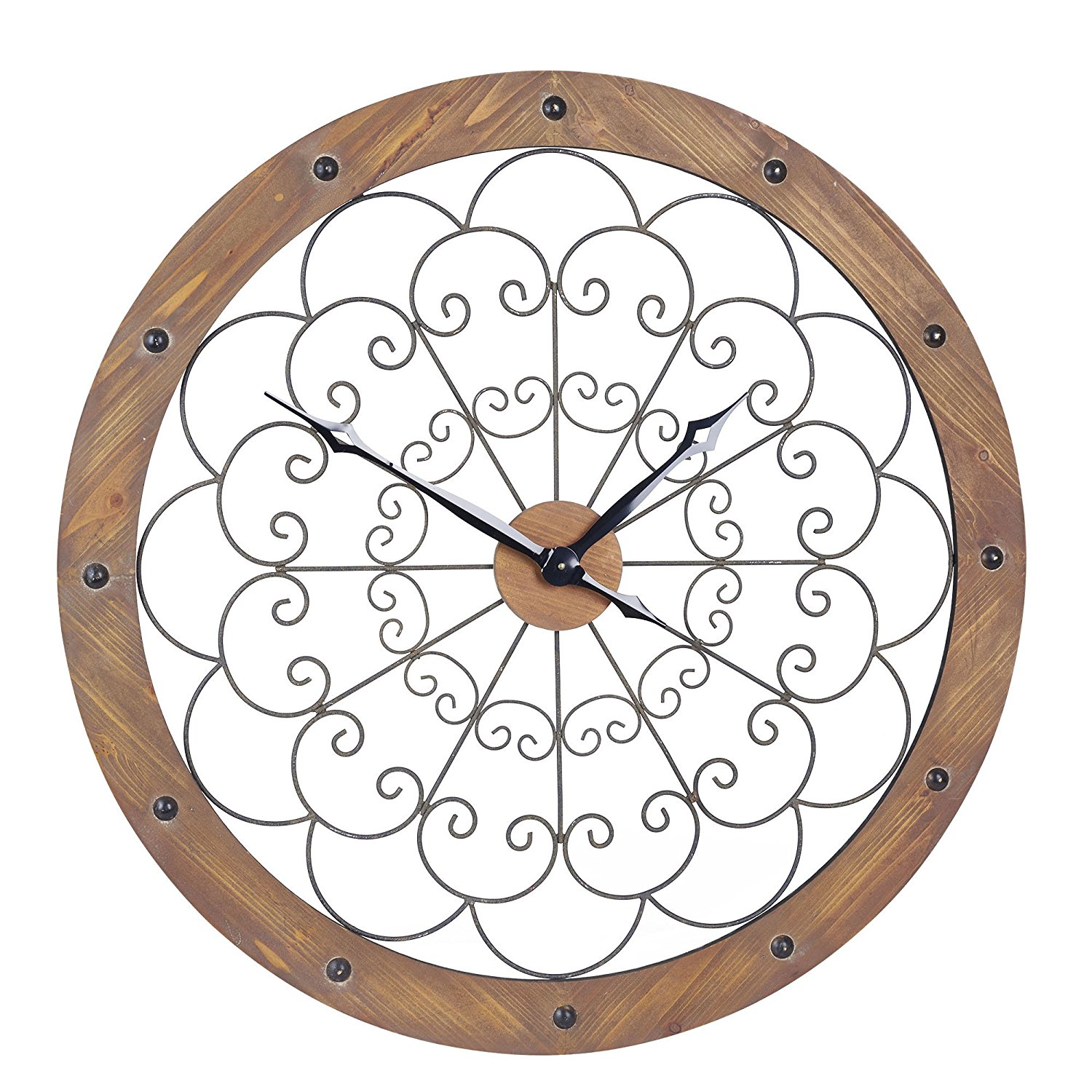 Household Essentials 2364-1 Oversized Decorative Wall Clock, Wood Frame, Metal Scroll