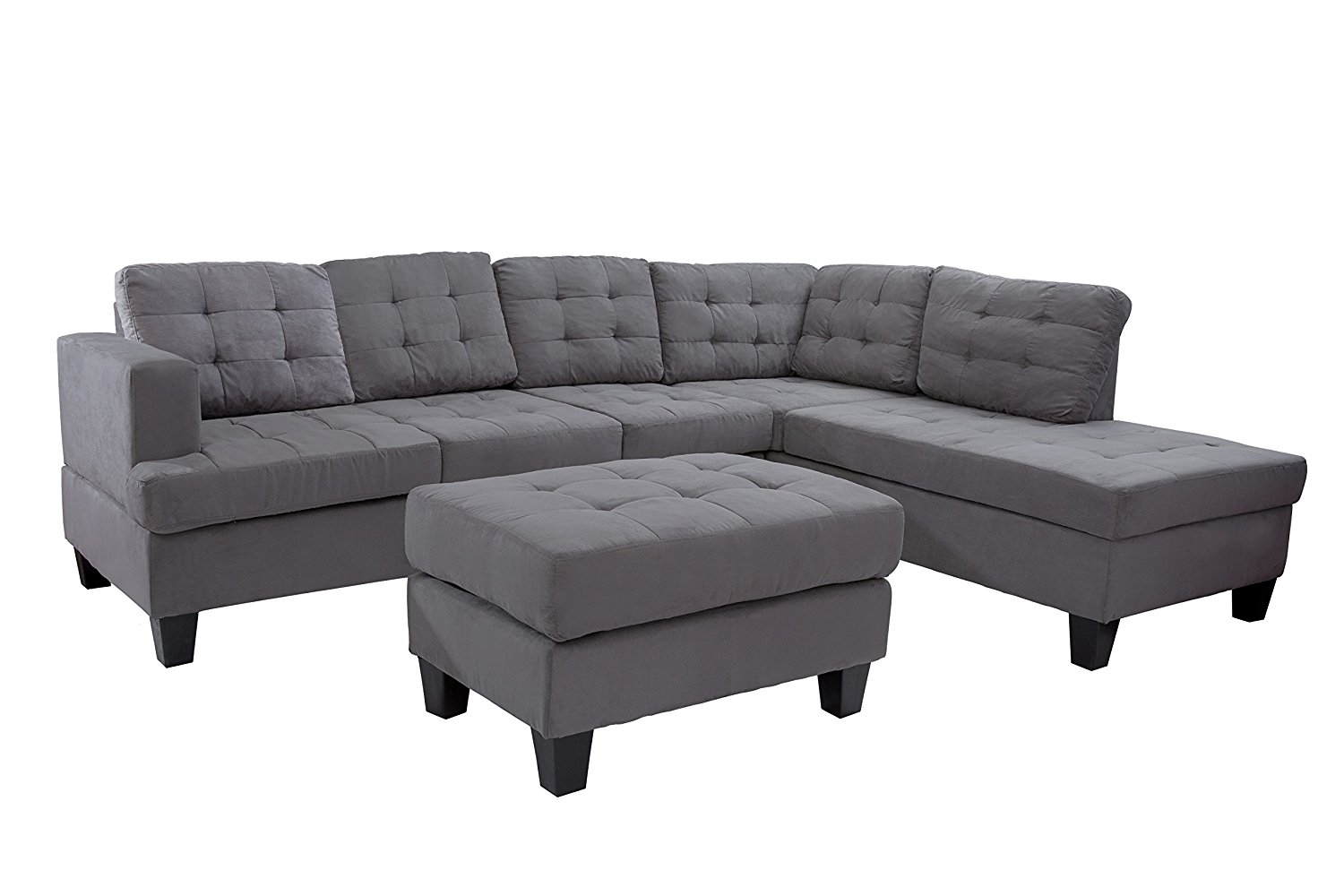 Merax 3-piece Reversible Sectional Sofa with Chaise and Ottoman, Suede Fabric / 6 pillows / Wooden Legs, Grey (Grey)