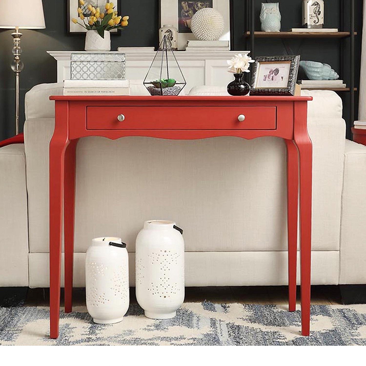 Modern Cottage Wood Narrow End Sofa Console Accent Table with Storage Drawer - Includes Modhaus Living Pen (Red)