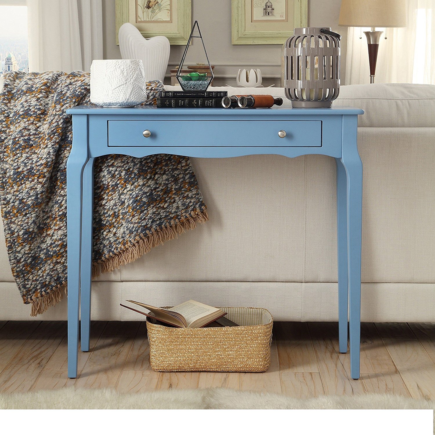 Modern Cottage Wood Narrow End Sofa Console Accent Table with Storage Drawer - Includes Modhaus Living Pen (Sky Blue)
